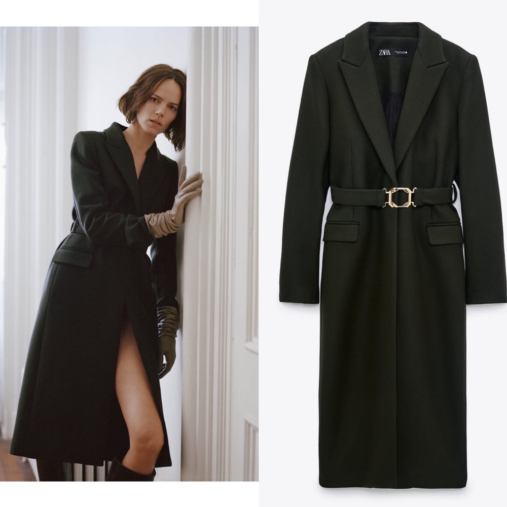 ZARA wool dress coat gold belt buckle green